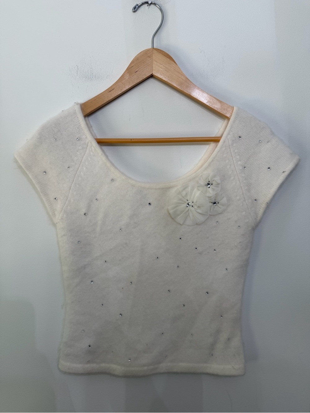 Twiggy Y2K Angora Blend Off Shoulder Sweater Top Rhinestones Tulle Women’s M